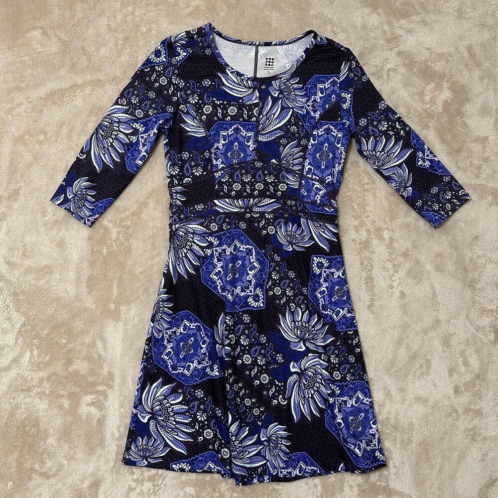 Title Nine Dress Womens Small Blue Floral Fit & Flare 3/4 Sleeve Pockets Travel